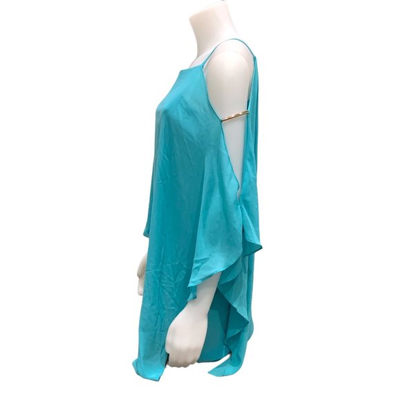 Size XXS Le Chateau Women Off Shoulder Cape Dress Chiffon Turquoise Knee Length - Picture 6 of 9
